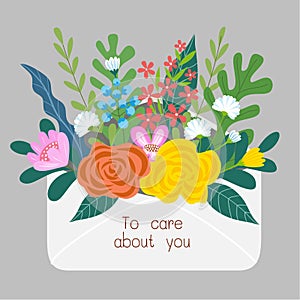 Open letter with flowers inside over envelope,to care about you,concept,vector illustration
