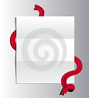 Open letter with red ribbon untied. Paper template isolated on gray background