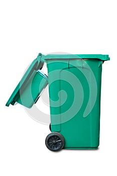 Open lid green garbage bin