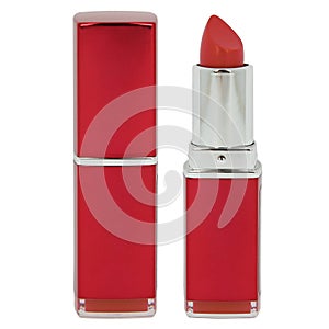 Open lipstick in a red plastic case on a white isolated