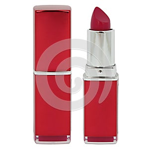 Open lipstick in a red plastic case on a white isolated