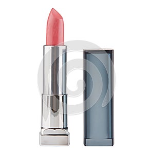 Open lipstick in a silver case on a white background