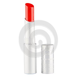 Open lipstick in a silver case on a white background