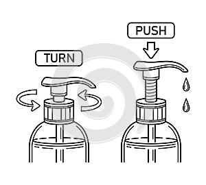 Open liquid soap dispenser bottle cap line icon. Shower gel, hand wash antiseptic skin care product. Turn, push pump. Vector