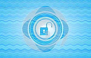 Open lock icon inside sky blue water emblem background