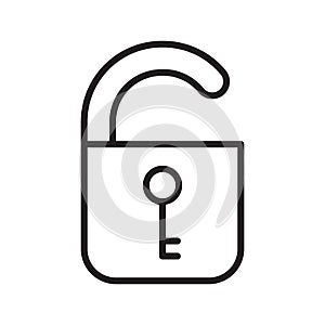 Open lock with key icon. Thin line art unlock logo. Black simple illustration. Contour isolated vector image on white background