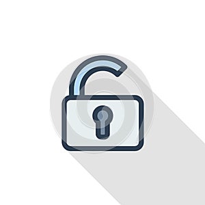 Open lock, password, access thin line flat color icon. Linear vector symbol. Colorful long shadow design.