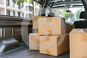 Open lorry car trunk full of moving cardboard boxes and furniture outdoors at city street.