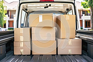 Open lorry car trunk full of moving cardboard boxes and furniture outdoors at city street.