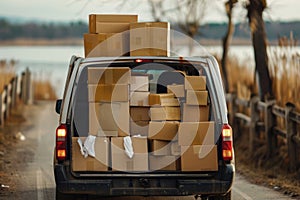 Open lorry car trunk full of moving cardboard boxes and furniture outdoors at city street.