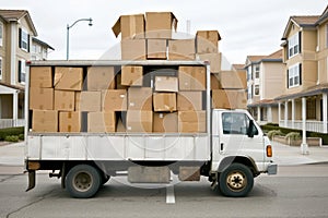 Open lorry car trunk full of moving cardboard boxes and furniture outdoors at city street.