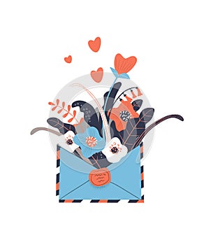 Open love letter with flowers inside over envelope vector illustration