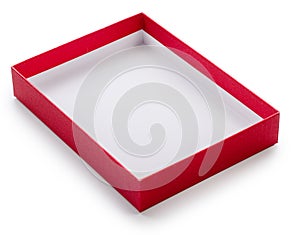 Open low empty red gift box isolated on white background. File contains clipping path. Top view