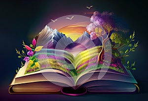 An open magic book, with beautiful plants and grass on the pages. Mountains in the background.