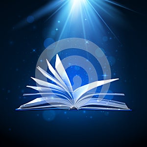 Open magic book on blue background. Fantasy light and sparkles. Vector illustration