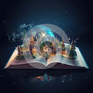 Open magic book concept open pages with water and earth. Fantasy, nature or learning concept