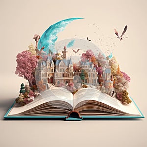 Open magic book concept, open pages with water and earth. Fantasy, nature or learning concept.