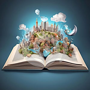 Open magic book concept open pages with water and earth. Fantasy, nature or learning concept