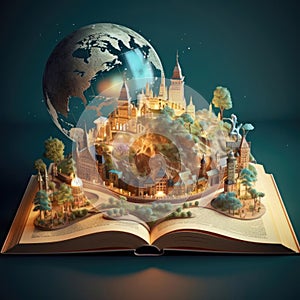 Open magic book concept open pages with water and earth. Fantasy, nature or learning concept