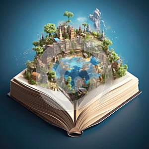 Open magic book concept, open pages with water and earth. Fantasy, nature or learning concept.