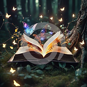 Open magic book with growing lights, magic powder, butterflies.