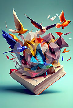 open magic book, with multicolored origami birds that fly out of its pages.. Generative AI