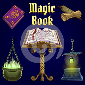 Open magic book and set of fairy tale elements