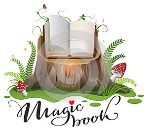 Open magic book on stump vector cartoon