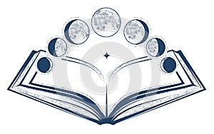 Open magic dream book and lunar phases, phase of the moon, astrology and  horoscope knowledge, oneiromancy, sorcery and prediction photo