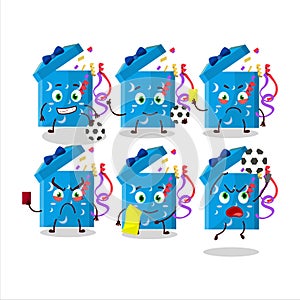 Open magic gift Box cartoon character working as a Football referee