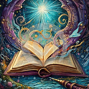 Open Magical spell book with blight light on a mystical background