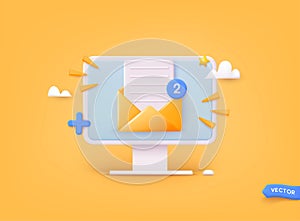 Open mail envelope icon on computer screen. Subscribe to newsletter. Vector illustration for online marketing and business. 3D Web