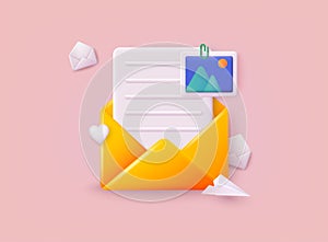 Open mail envelope icon with marker new message.  Document and postal envelope. 3D Web Vector Illustrations