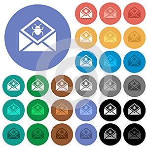 Open mail with malware symbol round flat multi colored icons