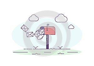 Open mailbox allowing mail envelop letters inside. Vector trendy illustration