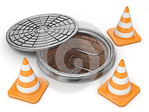 Open manhole and traffic cones. Under construction concept. 3D