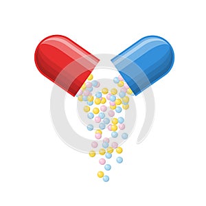 Open medical capsule with falling small balls of drug medical. Pharmacy and drugs symbols. Icons of pill. Medical vector