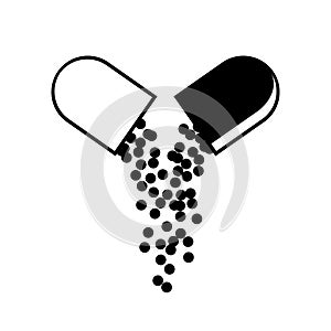 Open medical capsule icon with falling small balls of drug medical. Pharmacy and drugs symbols. Icons of pill. Medical