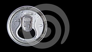 Open metal aluminum can for carbonated drinks, beer, energy drinks and mineral water on a black background.