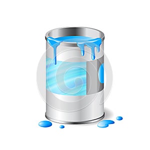 Open metal can of blue paint with drops isolated