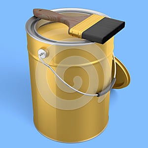 Open metal can or buckets with paint bristle brush on blue background.