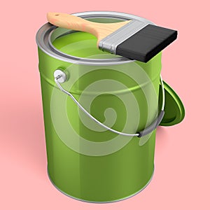 Open metal can or buckets with paint bristle brush on pink background.