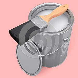 Open metal can or buckets with paint bristle brush on pink background.