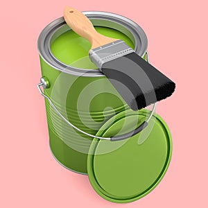 Open metal can or buckets with paint bristle brush on pink background.