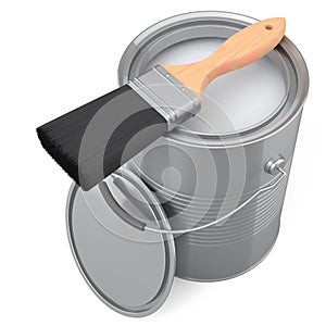 Open metal can or buckets with paint bristle brush on white background.