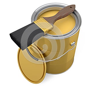 Open metal can or buckets with paint bristle brush on white background.