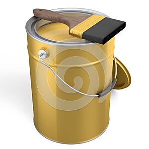 Open metal can or buckets with paint bristle brush on white background.