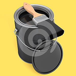 Open metal can or buckets with paint bristle brush on yellow background.