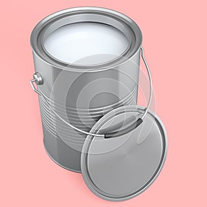 Open metal can or buckets of paint with handle on pink background.