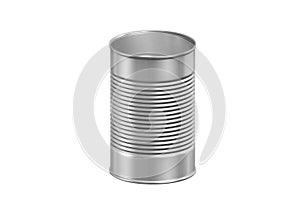 Open metal can on white background